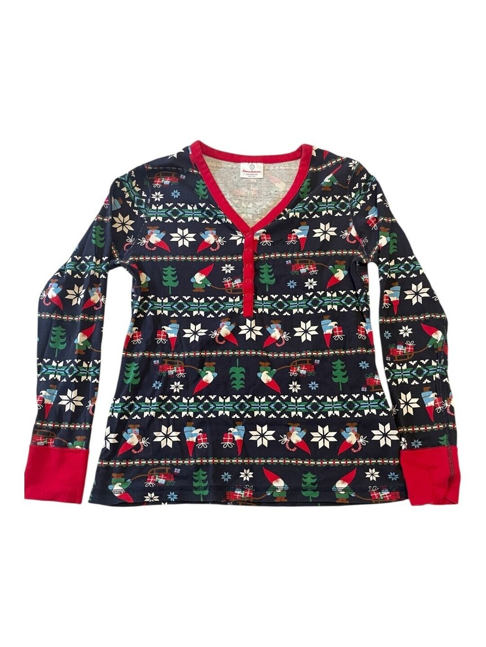 Hanna Andersson Sleep Top Womens L Gnome Holiday Pajama Long Sleeve Navy Red